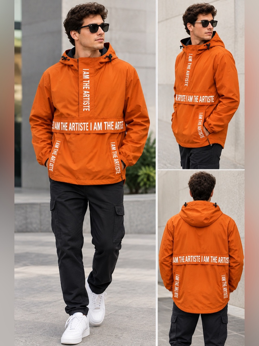 Men's Orange Hooded Pullover Windbreaker with White Slogan Accents size L